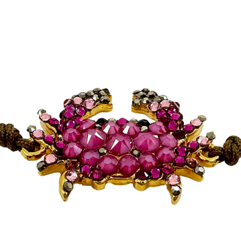 Ekaterini Freundschaftsarmband, Starfish, Baby Crab, pinke Swarovski Kristalle an brauner Kordel und goldenen Akzenten, seitlich